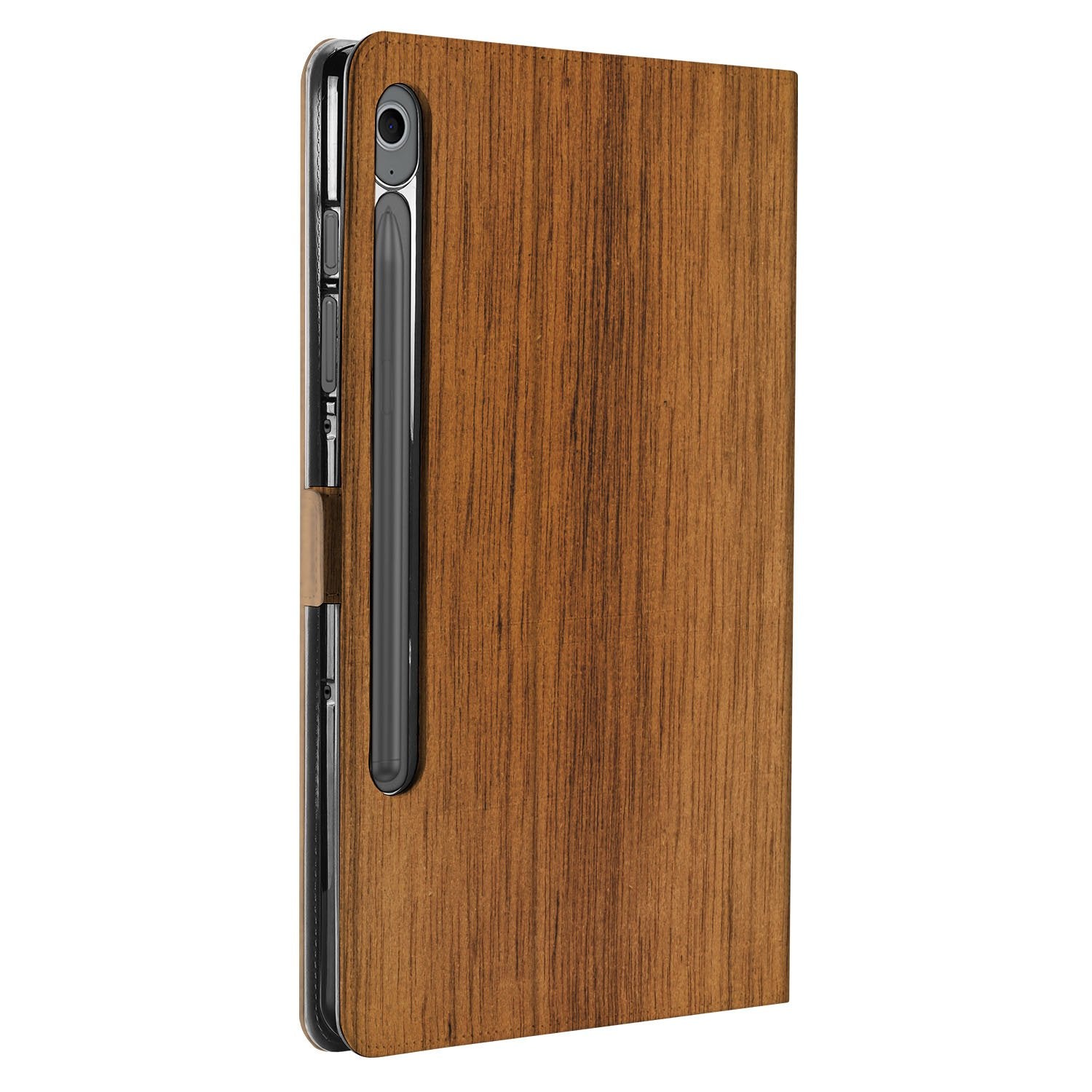 Samsung Galaxy Tab S10 FE Tab S9 FE Book Case Hoesje met Standaard Donker Hout bruin design zijaanzicht