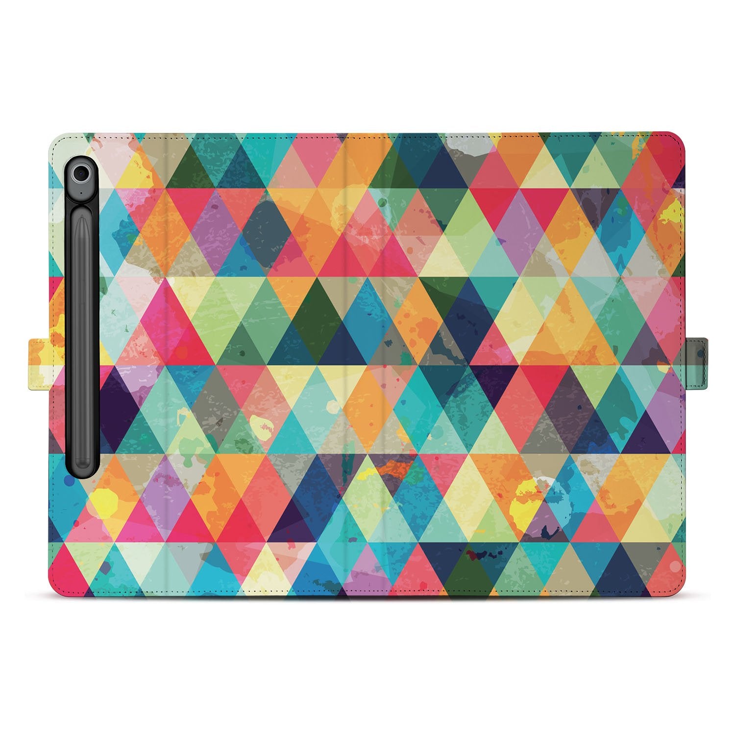 Samsung Galaxy Tab S10 FE | Tab S9 FE Book Case Hoesje met Standaard Geruit design kleurrijke driehoeken aanzicht