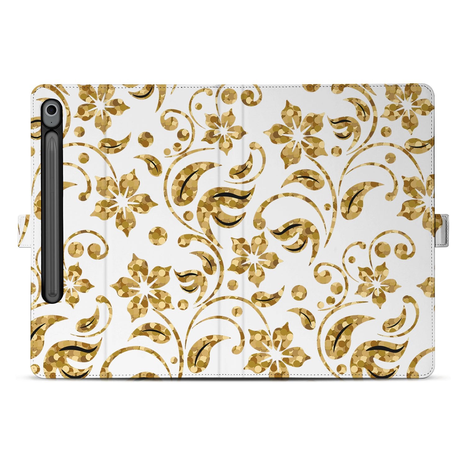Samsung Galaxy Tab S10 FE | Tab S9 FE Book Case Hoesje met Standaard Gouden Bloemen bloemen patroon design voorkant