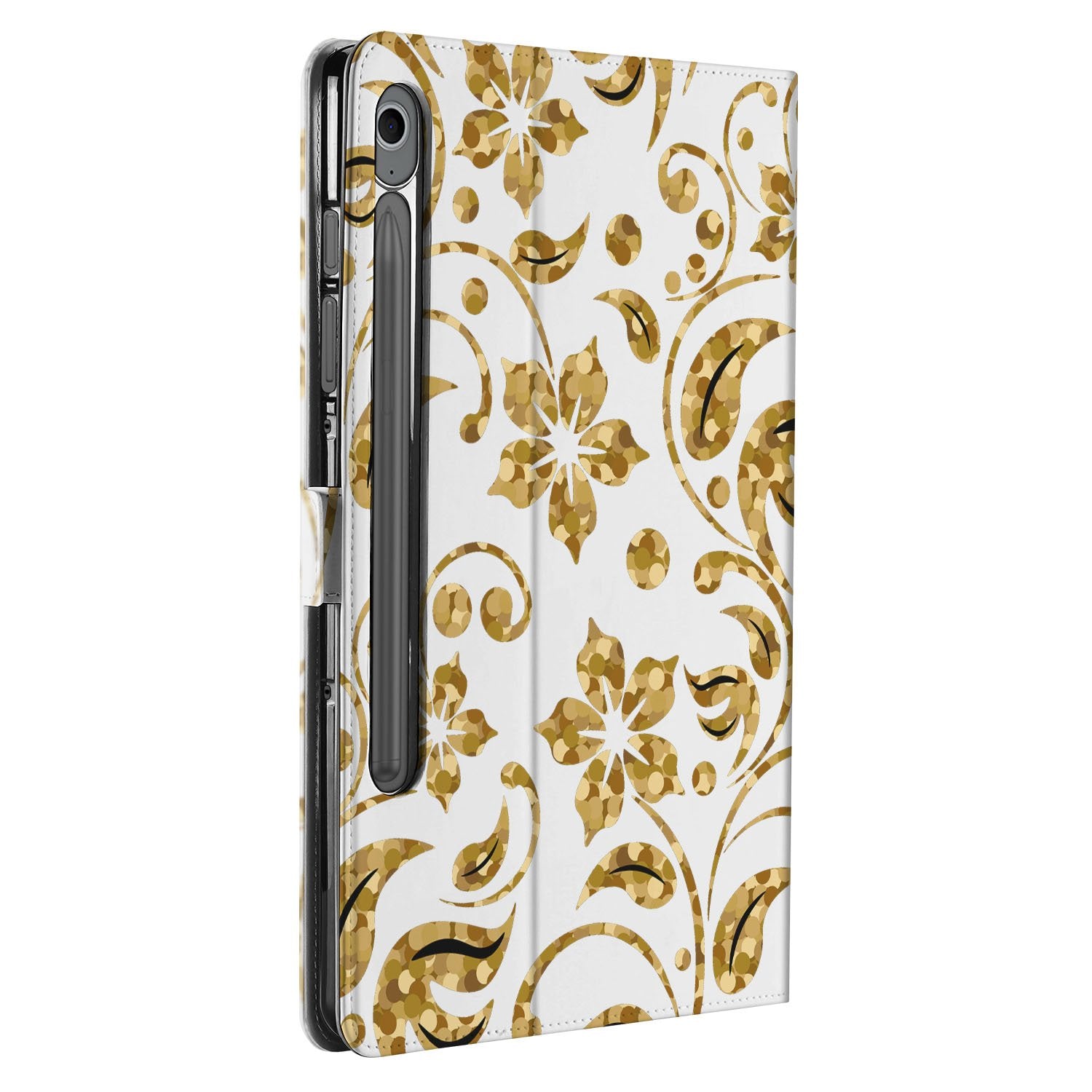 Samsung Galaxy Tab S10 FE | Tab S9 FE Book Case Hoesje met Standaard Gouden Bloemen design gouden bloemen aanzicht
