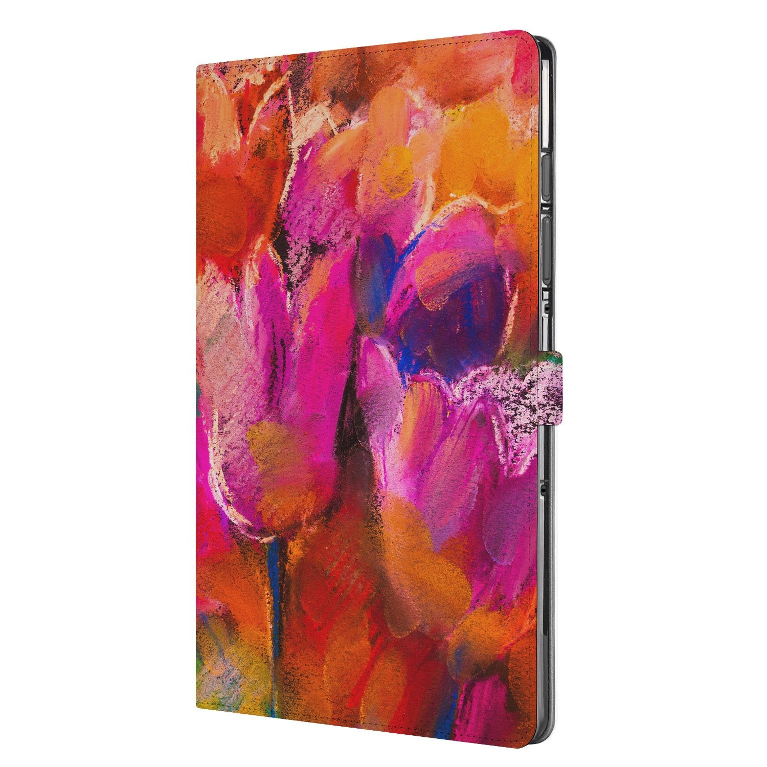 Samsung Galaxy Tab S10 FE | Tab S9 FE Book Case Hoesje met Standaard Tulips kleurige bloemen design aanzicht