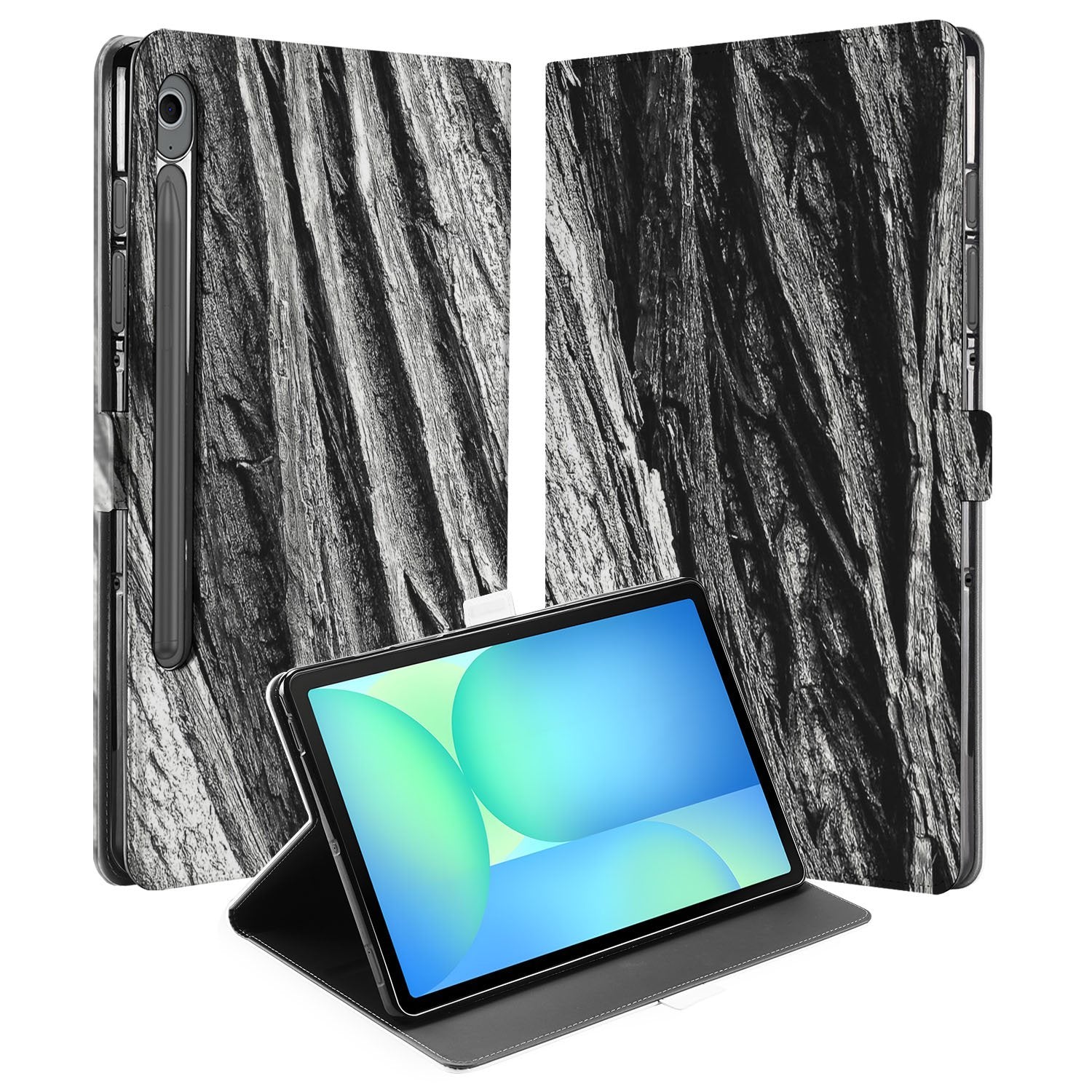 Samsung Galaxy Tab S10 FE | Tab S9 FE Tablet Hoesje Boomschors met Standaard design zwart-wit vooraanzicht