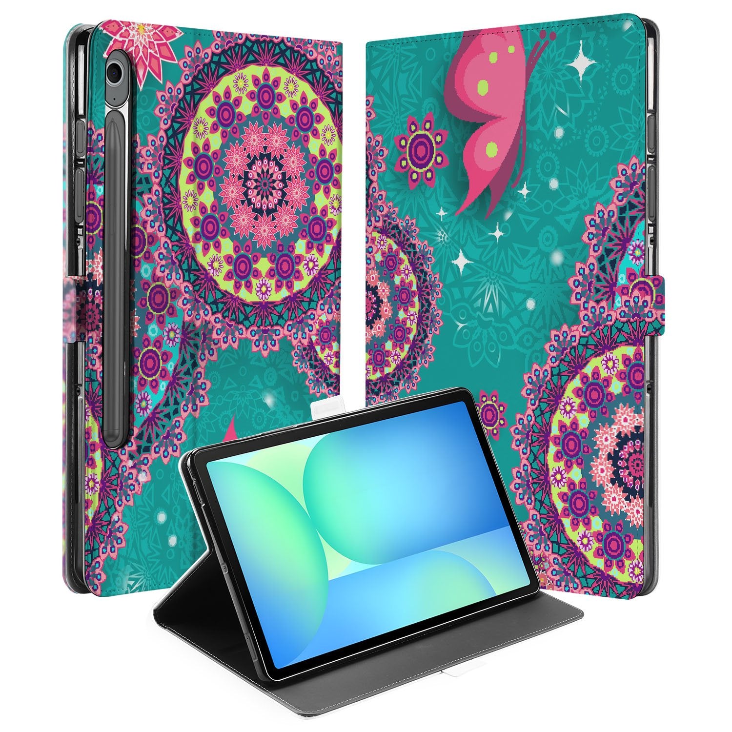 Samsung Galaxy Tab S10 FE | Tab S9 FE Tablet Hoesje Cirkels en Vlinders met Standaard voorkant en achterkant met tablet