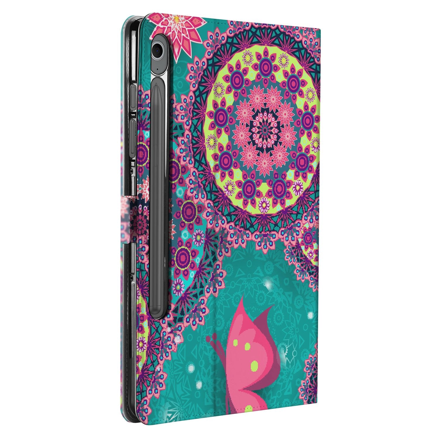 Samsung Galaxy Tab S10 FE | Tab S9 FE Tablet Hoesje Cirkels en Vlinders met Standaard design Cirkels Vlinders aanzicht