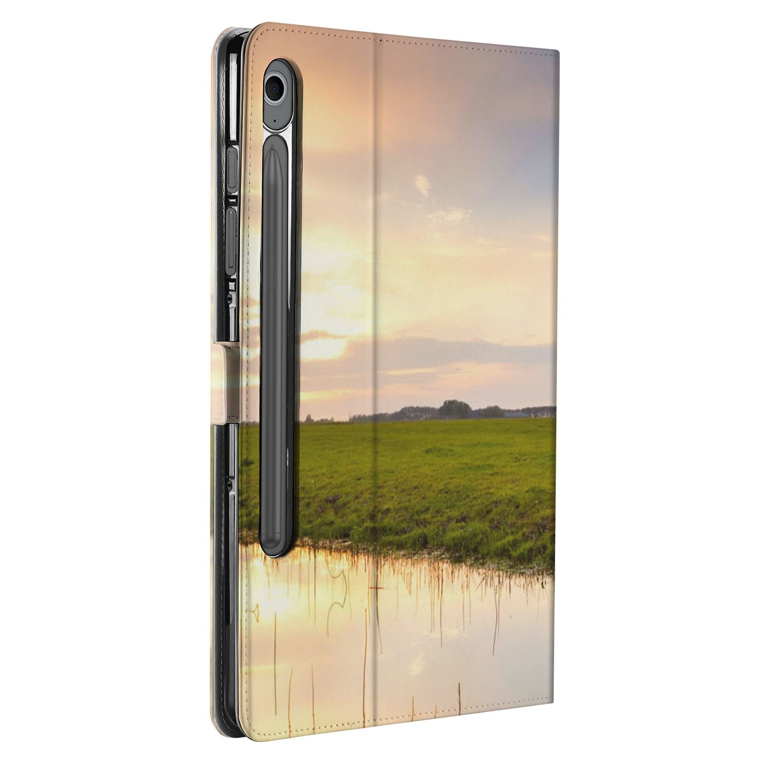 Samsung Galaxy Tab S10 FE | Tab S9 FE Tablet Hoesje Koe met Standaard natuur landschap zijkant