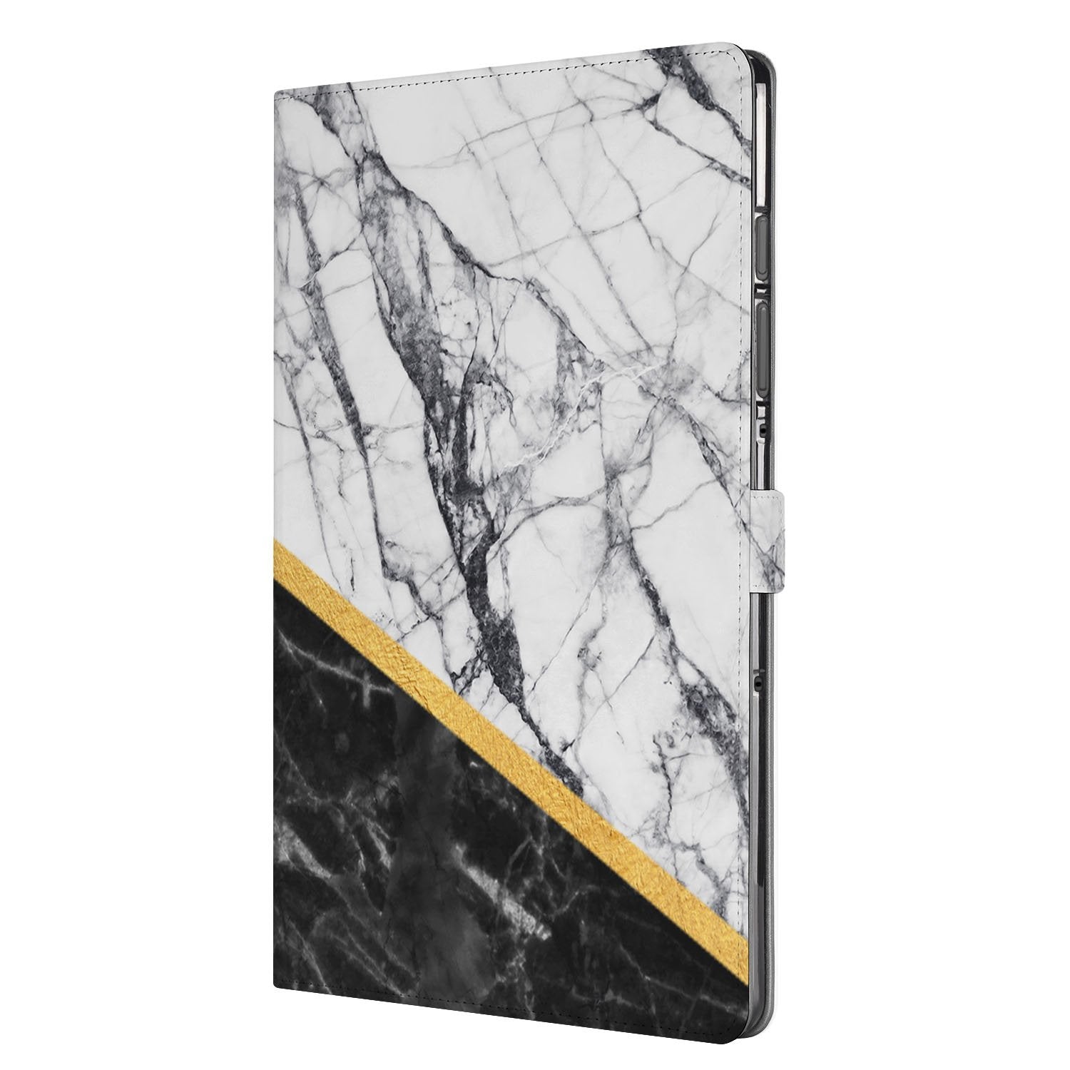 Samsung Galaxy Tab S10 FE | Tab S9 FE Tablet Hoesje Marble White Black met Standaard marmer zwart wit design aanzicht