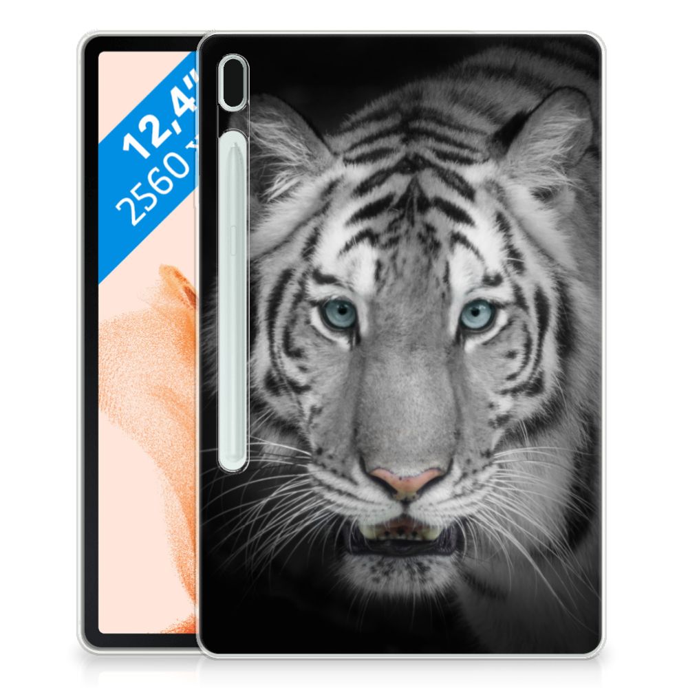 Samsung Galaxy Tab S7FE Back Case Tijger tijger zwart wit voorkant