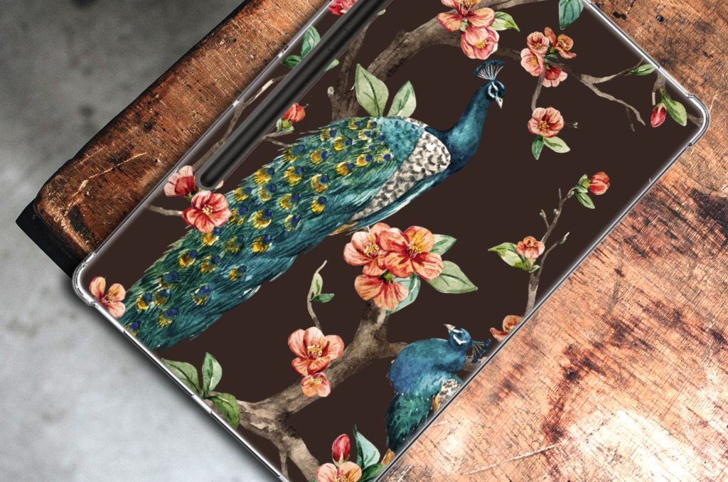 Samsung Galaxy Tab S9 Plus Back Case Pauw met Bloemen in levendige kleuren en unieke bloemenprint