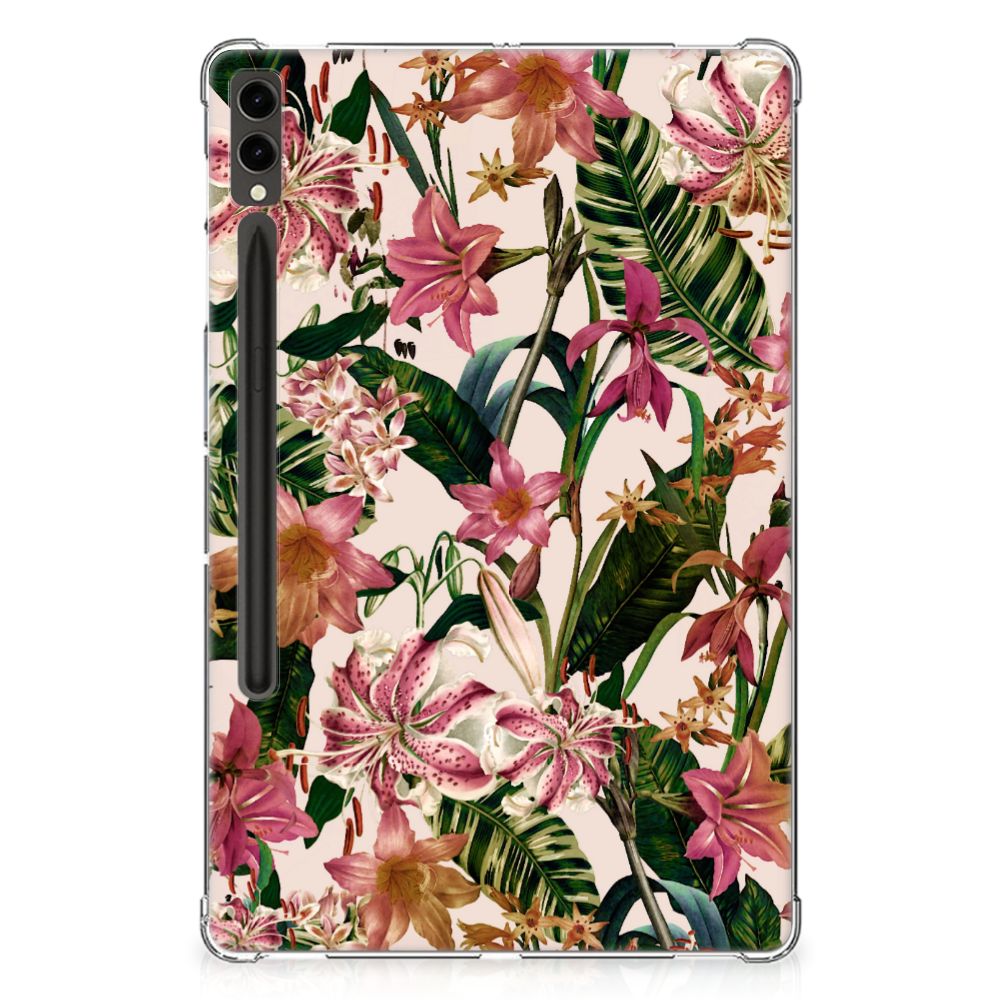 Samsung Galaxy Tab S9 Plus Siliconen Hoesje Flowers bloemen groen bladeren design aanzicht