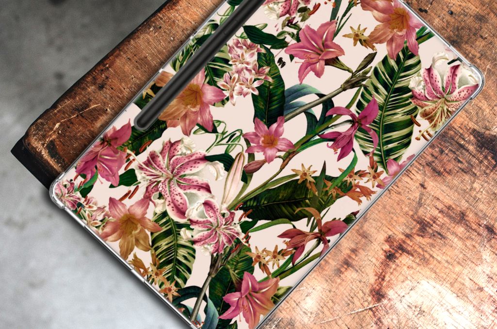 Samsung Galaxy Tab S9 Plus Siliconen Hoesje Flowers bloemen groen blad design bovenaanzicht