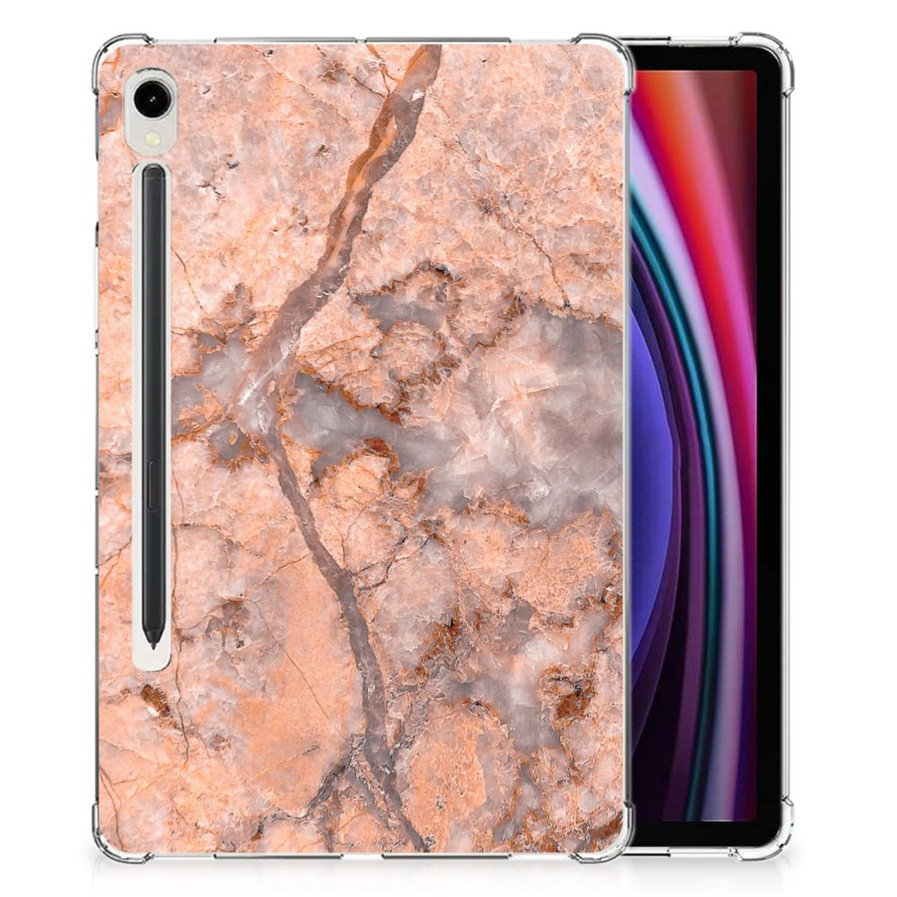 Samsung Galaxy Tab S9 Tablet Back Cover Marmer Oranje design hoesje aanzicht