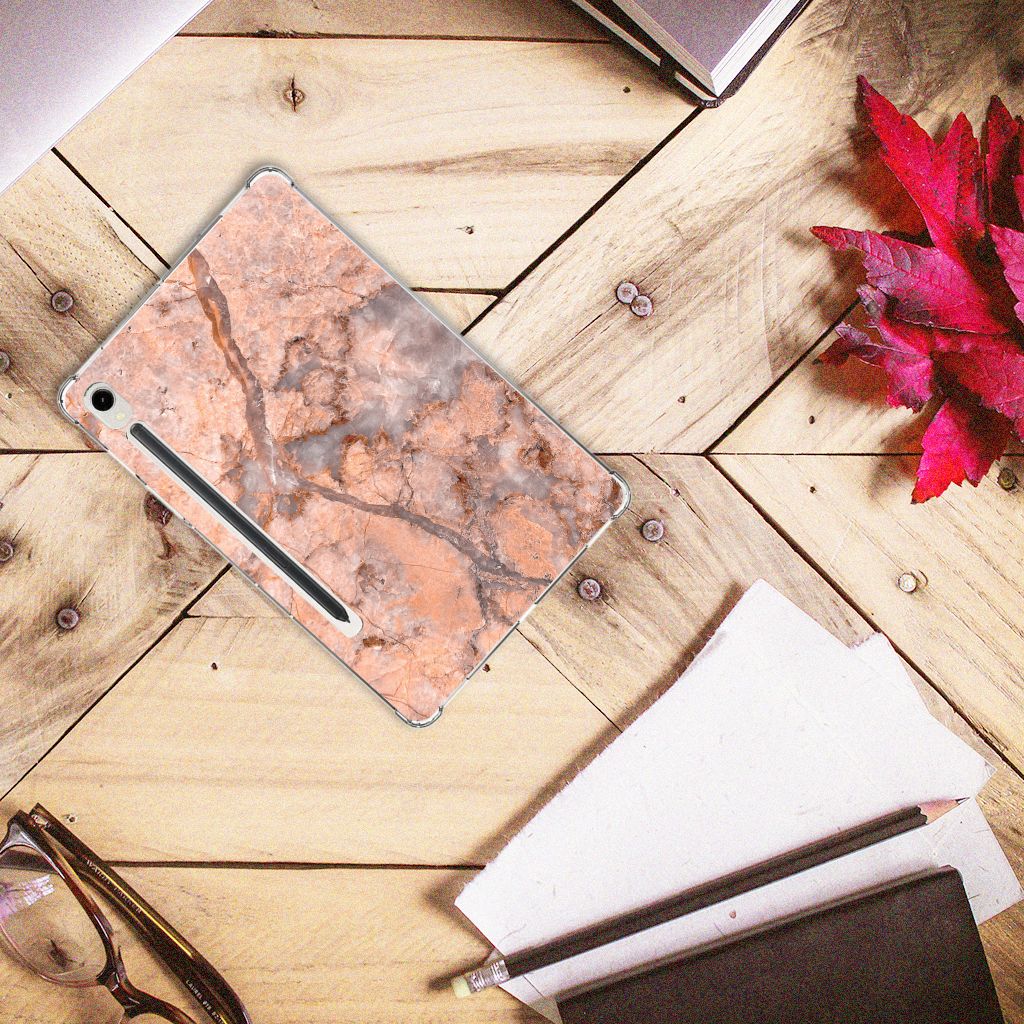 Samsung Galaxy Tab S9 Tablet Back Cover Marmer Oranje design hoesje bovenaanzicht