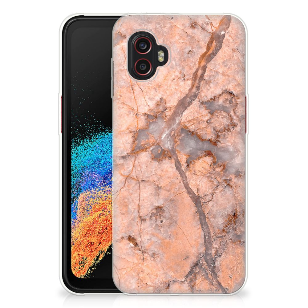 Samsung Galaxy Xcover 6 Pro TPU Siliconen Hoesje Marmer Oranje achterzijde