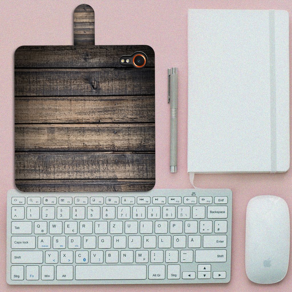 Samsung Galaxy Xcover 7 Book Style Case Steigerhout houten design voorkant