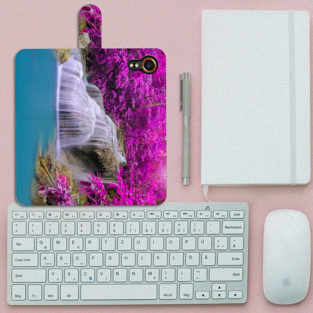 Samsung Galaxy Xcover 7 Flip Cover Waterval design waterval paarse bomen bovenaanzicht