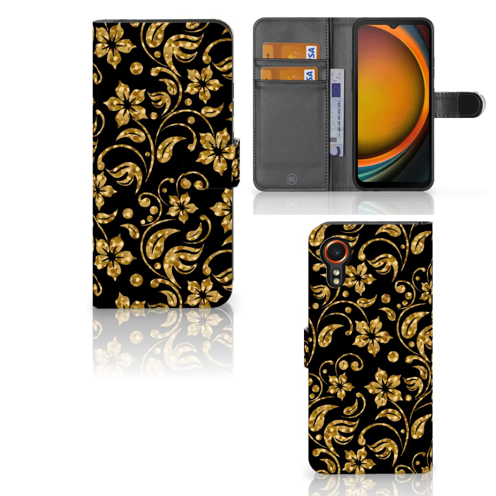 Samsung Galaxy Xcover 7 Hoesje Gouden Bloemen met zwarte achtergrond en gouden bloemen. Perfect cadeau! 🌼