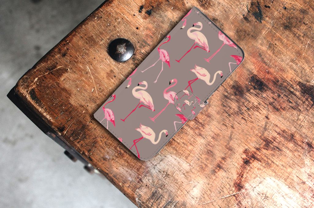 Samsung Galaxy Xcover 7 Telefoonhoesje met Pasjes Flamingo ontwerp pink flamingo's aanzicht