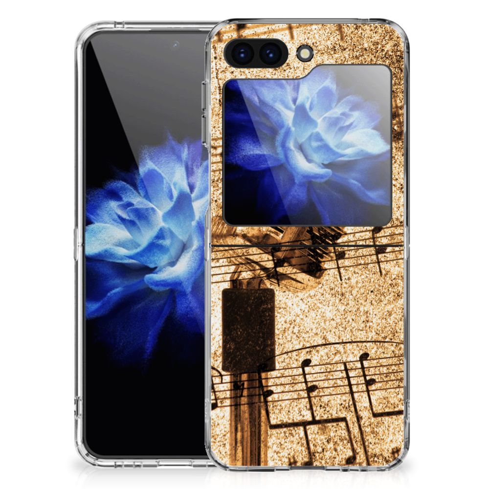 Samsung Galaxy Z Flip 5 Siliconen Hoesje met foto Bladmuziek bladmuziek bloemen transparant design aanzicht