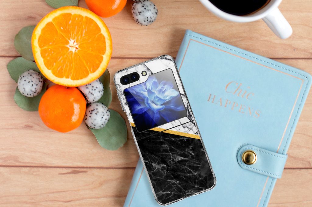 Samsung Galaxy Z Flip 5 TPU Siliconen Hoesje Marmer Wit Zwart - Origineel Cadeau Man