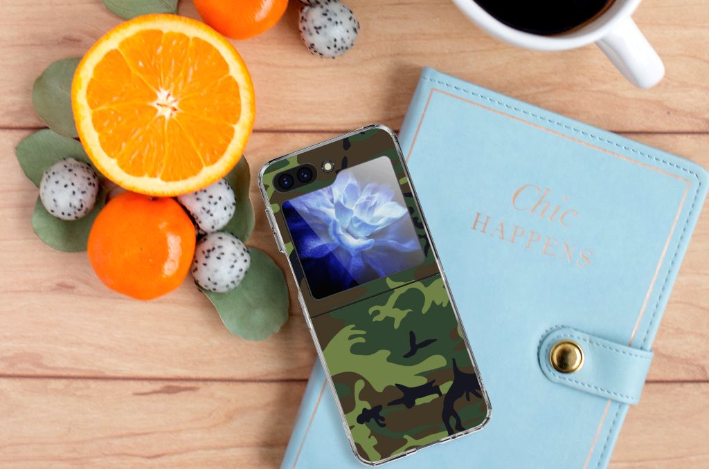 Samsung Galaxy Z Flip 5 TPU bumper Army Dark camouflage hoesje bovenaanzicht