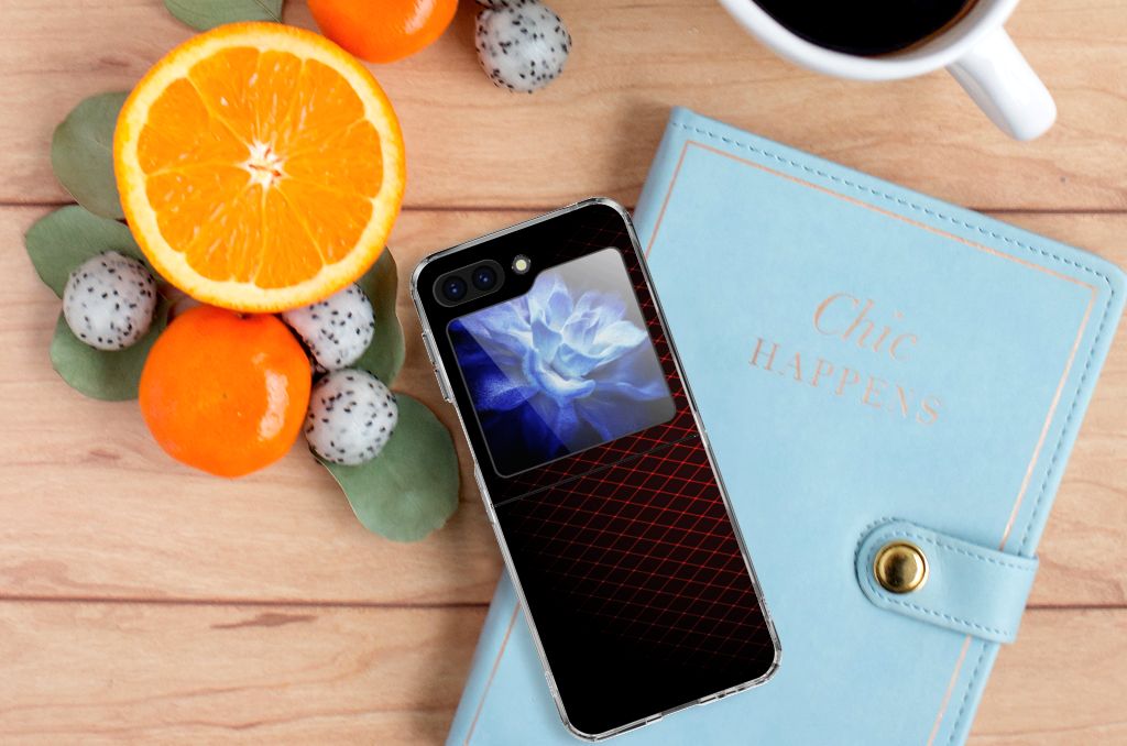 Samsung Galaxy Z Flip 5 TPU bumper Geruit Rood bovenaanzicht met sinaasappel en notitieboek