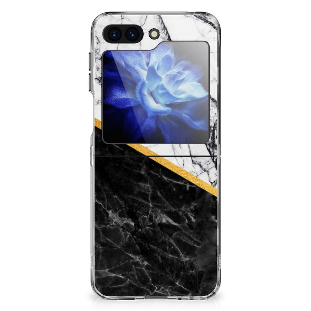 Samsung Galaxy Z Flip 6 TPU Siliconen Hoesje Marmer Wit Zwart design marmer zwartwit aanzicht