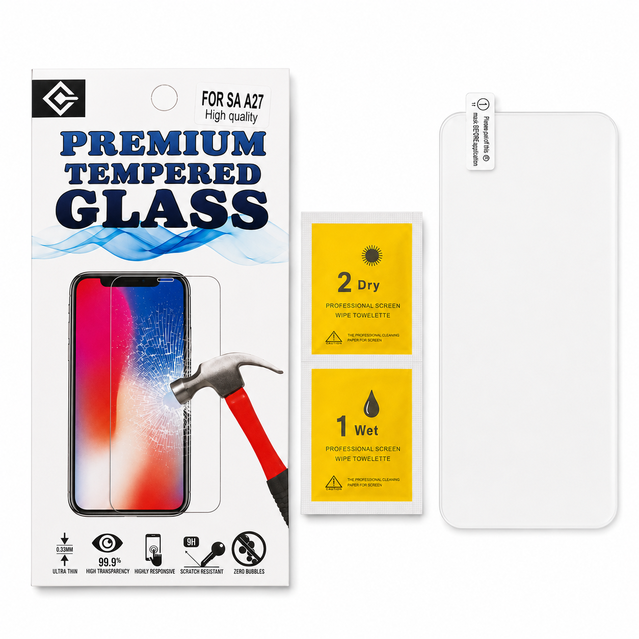 Samsung Galaxy A27 beschermglas met verpakking en Wet & Dry reinigingsdoekjes