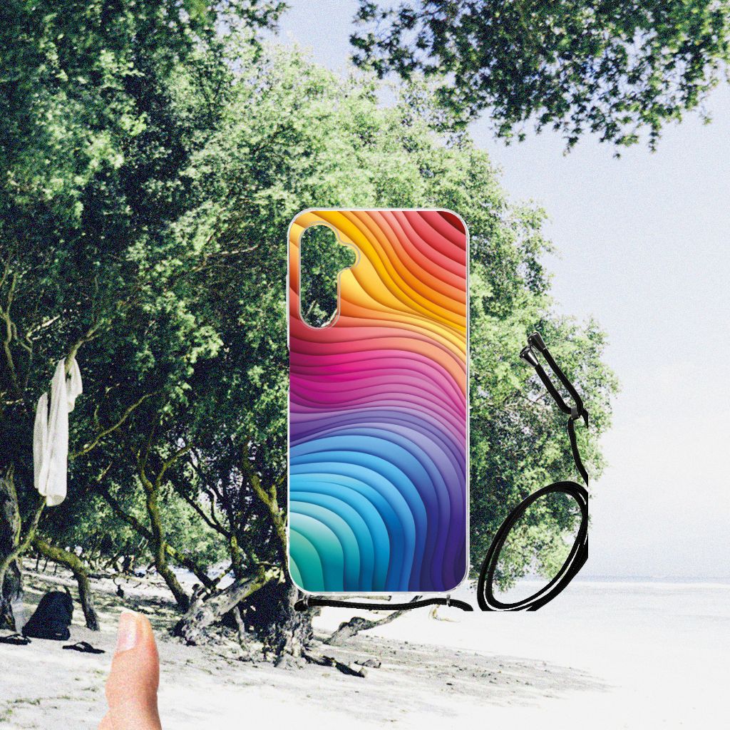 Shockproof Case voor Samsung Galaxy A14 5G Regenboog met kleurrijk design op een strand.