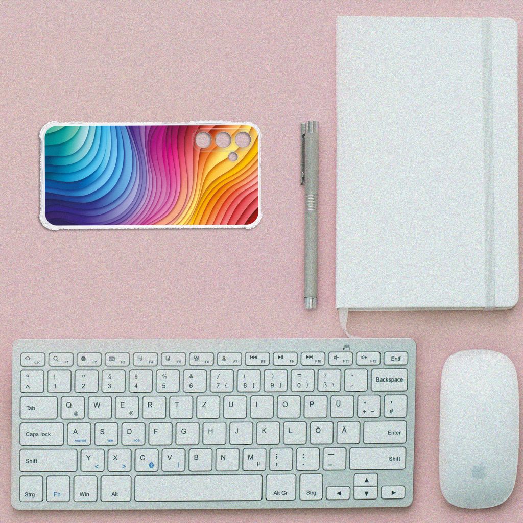Samsung Galaxy A15 Shockproof Case Regenboog aanzicht toetsenbord notitieboek pen