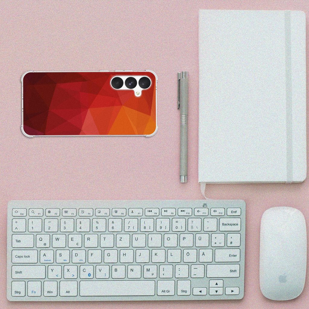 Samsung Galaxy A55 Shockproof Case Polygon Red bovenaanzicht toetsenbord notitieboek muis