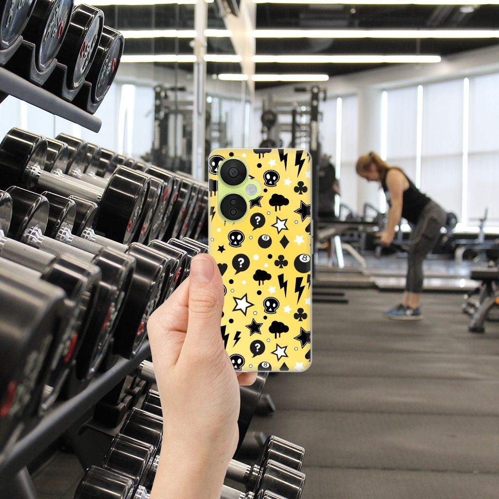 Silicone Back Case OnePlus Nord CE 3 Lite Punk Geel met crâne- en sterdesign in de sportschool 🏋️‍♀️.