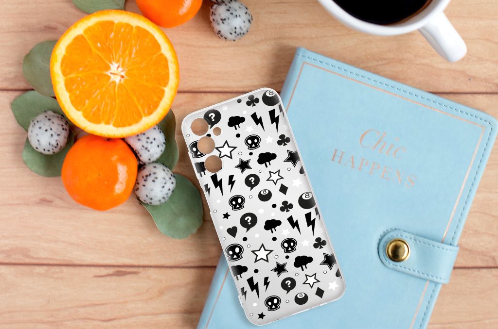 Silicone Back Case Samsung Galaxy M14 Silver Punk met iconische ontwerpen zoals bliksemflitsen en sterren ⚡.