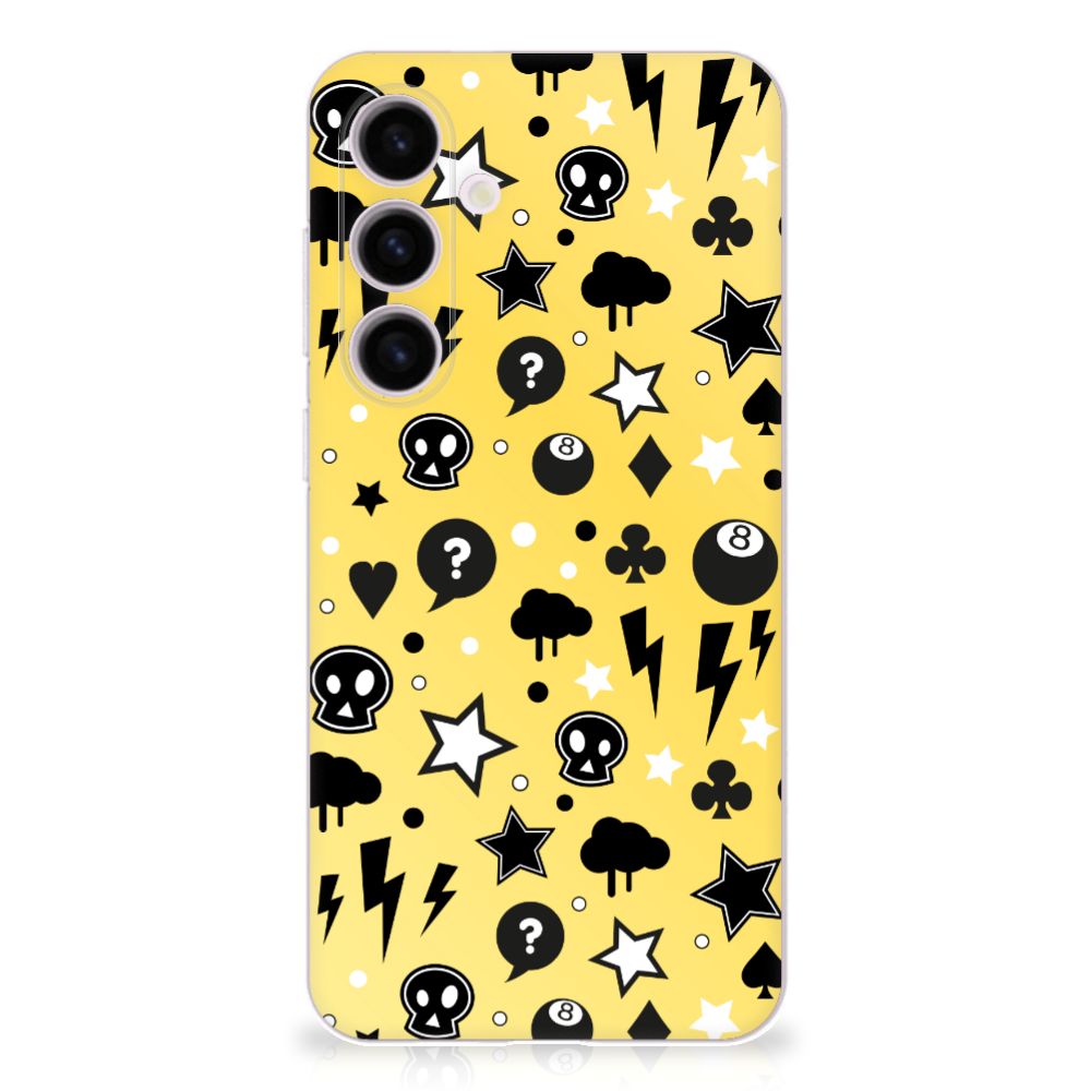 Silicone Back Case Samsung Galaxy S24 Plus Punk Geel met een uniek en speels design van iconen en symbolen.