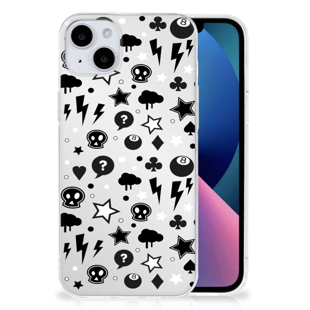 Silicone Back Case iPhone 15 Plus Silver Punk met doodskop, sterren en bliksemschichten.