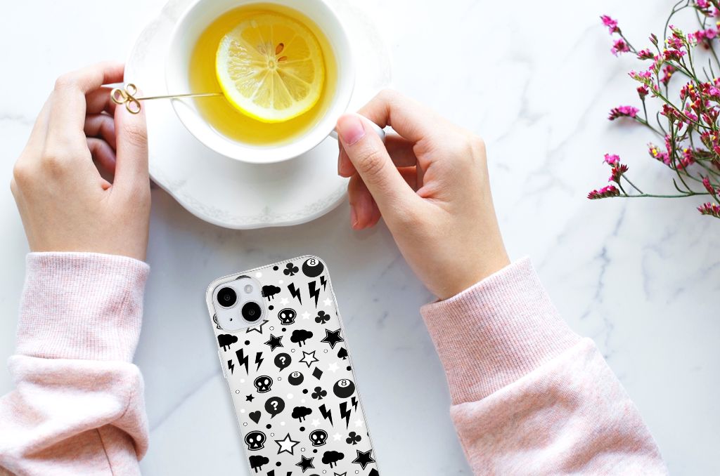 Silicone Back Case iPhone 15 Plus Silver Punk met donderwolken en sterren, perfect voor een stoere look.