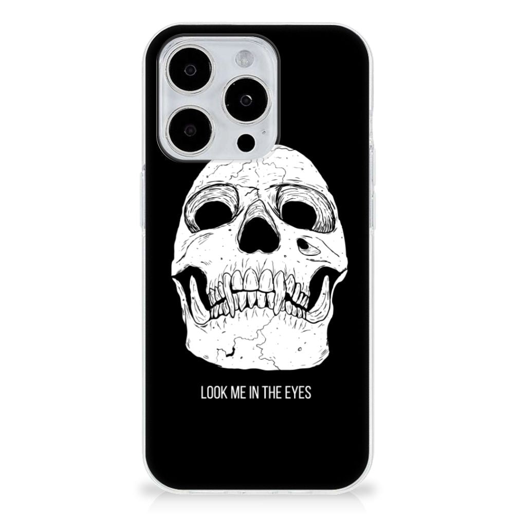 Silicone Back Case iPhone 15 Pro Max Skull Eyes met griezelige skull design en tekst.