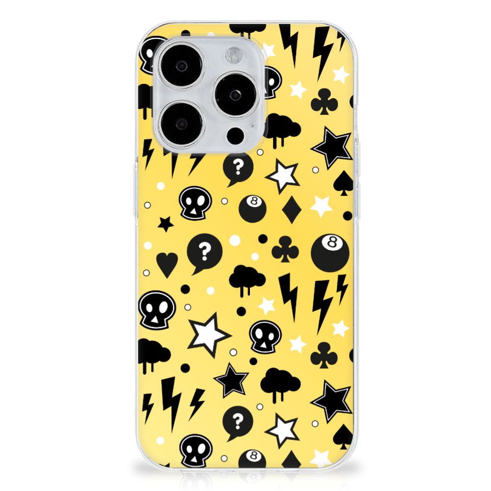 Silicone Back Case iPhone 15 Pro Punk Geel met punk design in geel en zwart met sterren en vraagtekens.