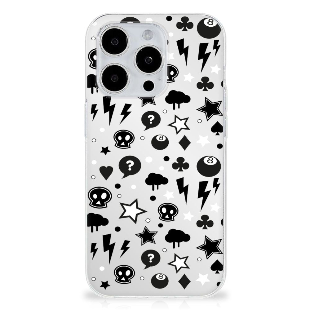 Silicone Back Case iPhone 15 Pro Silver Punk met punk design, sterren, bliksem en schaduwen.