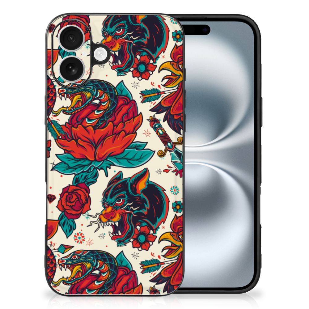 Silicone Back Case voor iPhone 16 Old Skool tattoo design voorkant