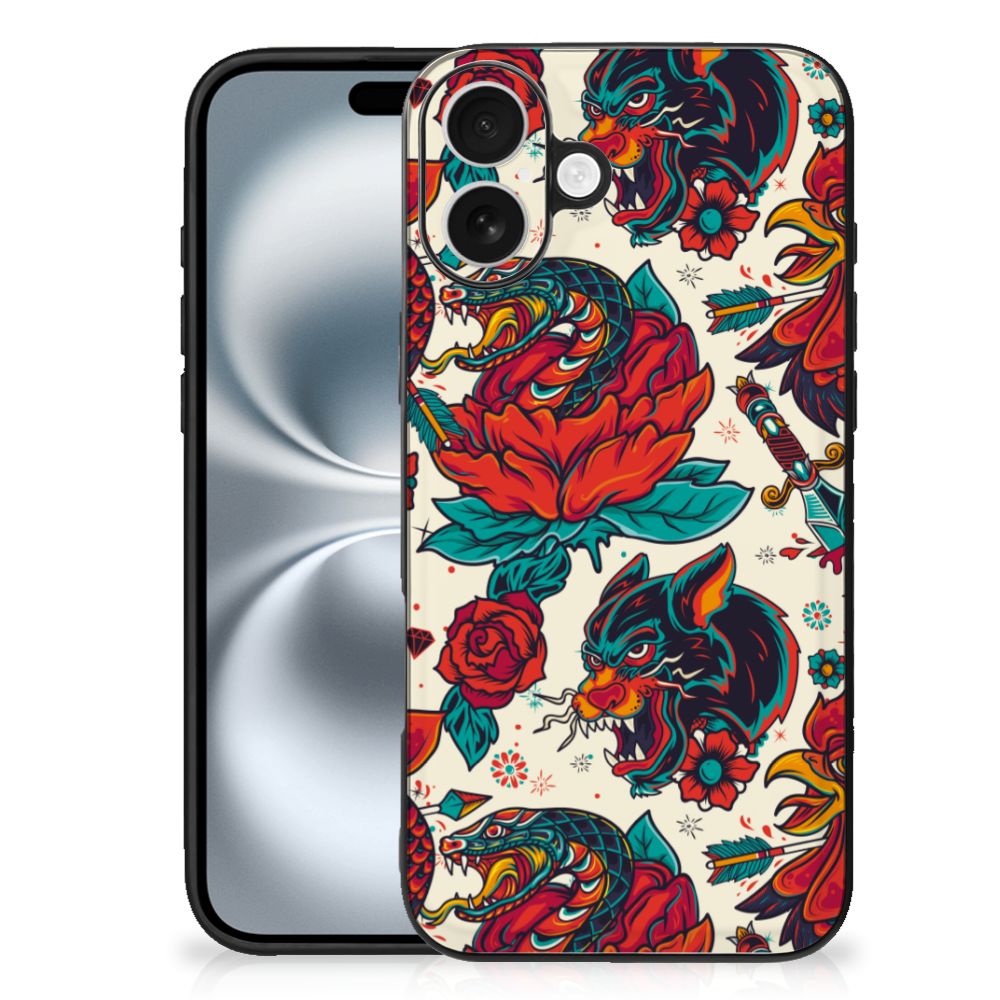 Silicone Back Case voor iPhone 16 Plus Old Skool tatoeage design achteraanzicht