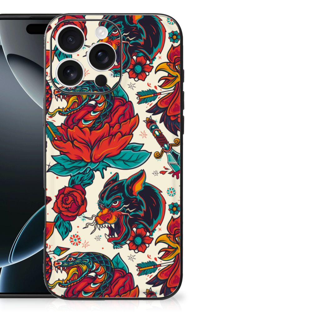 Silicone Back Case voor iPhone 16 Pro Max Old Skool tatoeage design zijaanzicht