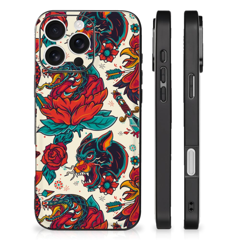 Silicone Back Case voor iPhone 16 Pro Old Skool tattoo design zij aanzicht