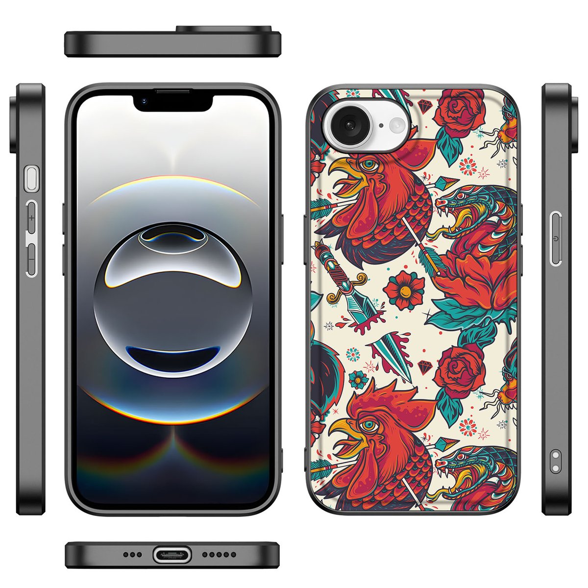 Silicone Back Case voor iPhone 16e Old Skool vintage tattoo design zijaanzicht
