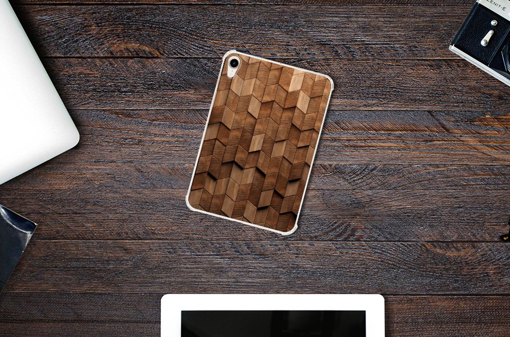 Silicone Tablet Hoes voor Apple iPad mini 6 (2021) Wooden Cubes exemplaar op een houten bureau.