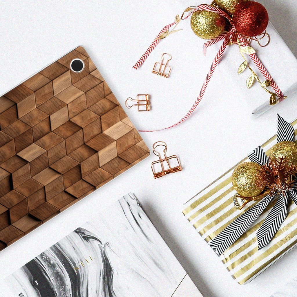 Silicone Tablet Hoes voor Samsung Galaxy Tab A8 2021/2022 Wooden Cubes op een feestelijke ondergrond met cadeaus 🎁.