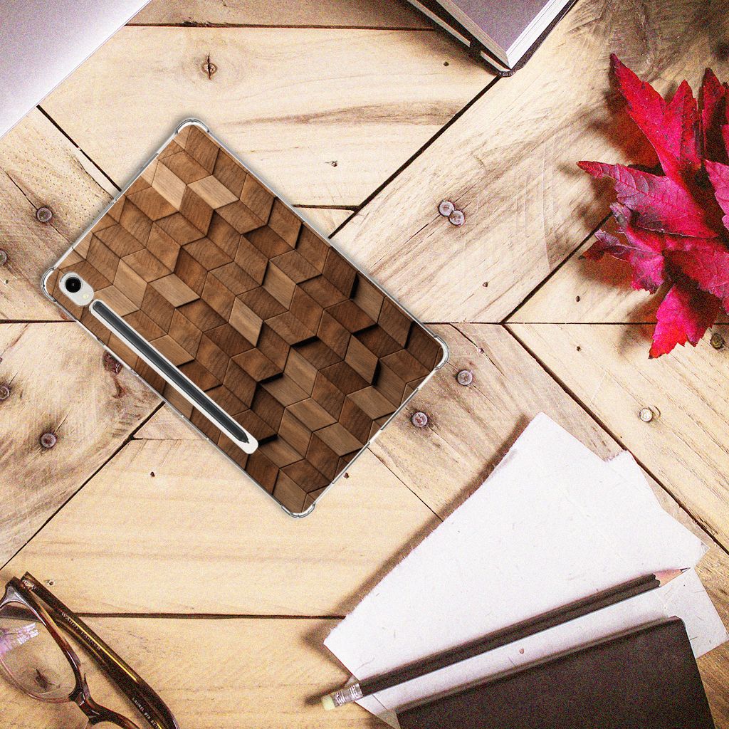 Samsung Galaxy Tab S9 Silicone Tablet Hoes Wooden Cubes bovenaanzicht