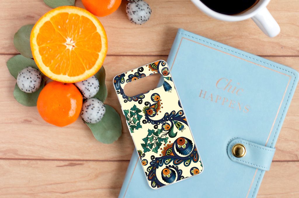 Google Pixel 8 Siliconen Hoesje Barok Flower bovenaanzicht met fruit en notitieboek