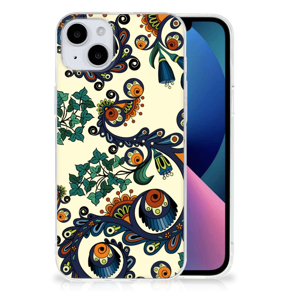 Siliconen Hoesje iPhone 15 Plus Barok Flower met kleurrijke bloemen en ogen op een beige achtergrond.