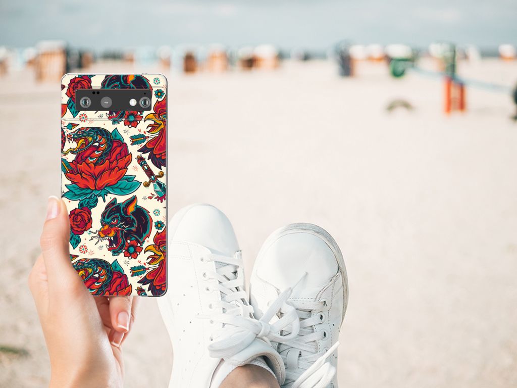 Siliconen Hoesje met foto voor Google Pixel 6 Old Skool, vintage tattoo design op het strand.
