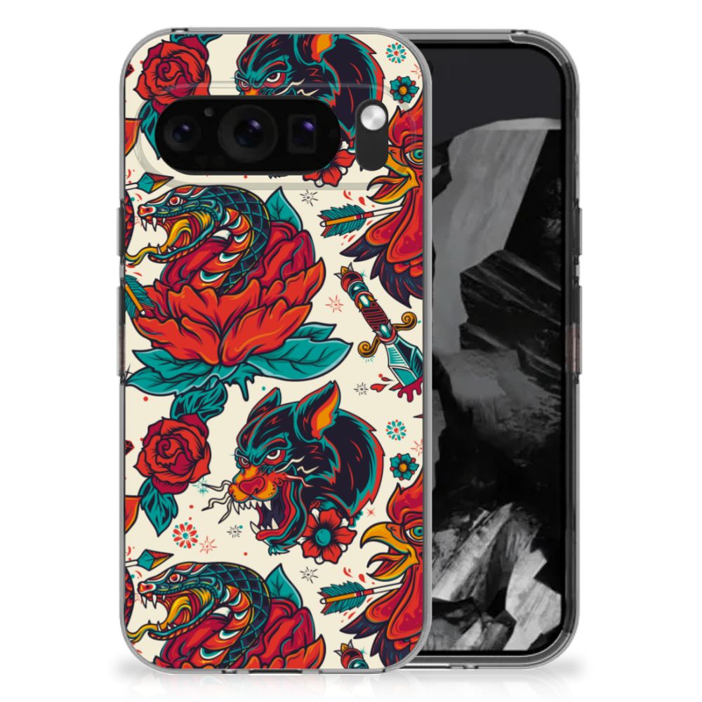 Google Pixel 9 Pro XL Siliconen Hoesje met foto Old Skool tattoo design achteraanzicht
